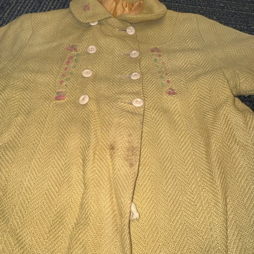 Vintage Herringbone Coat Kids 2T Yellow Fair Embroidered Double Breasted Retro
